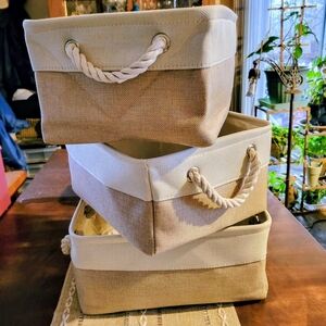 3 Cloth Storage Bins Rope Handles Cubby Organization White & Tan